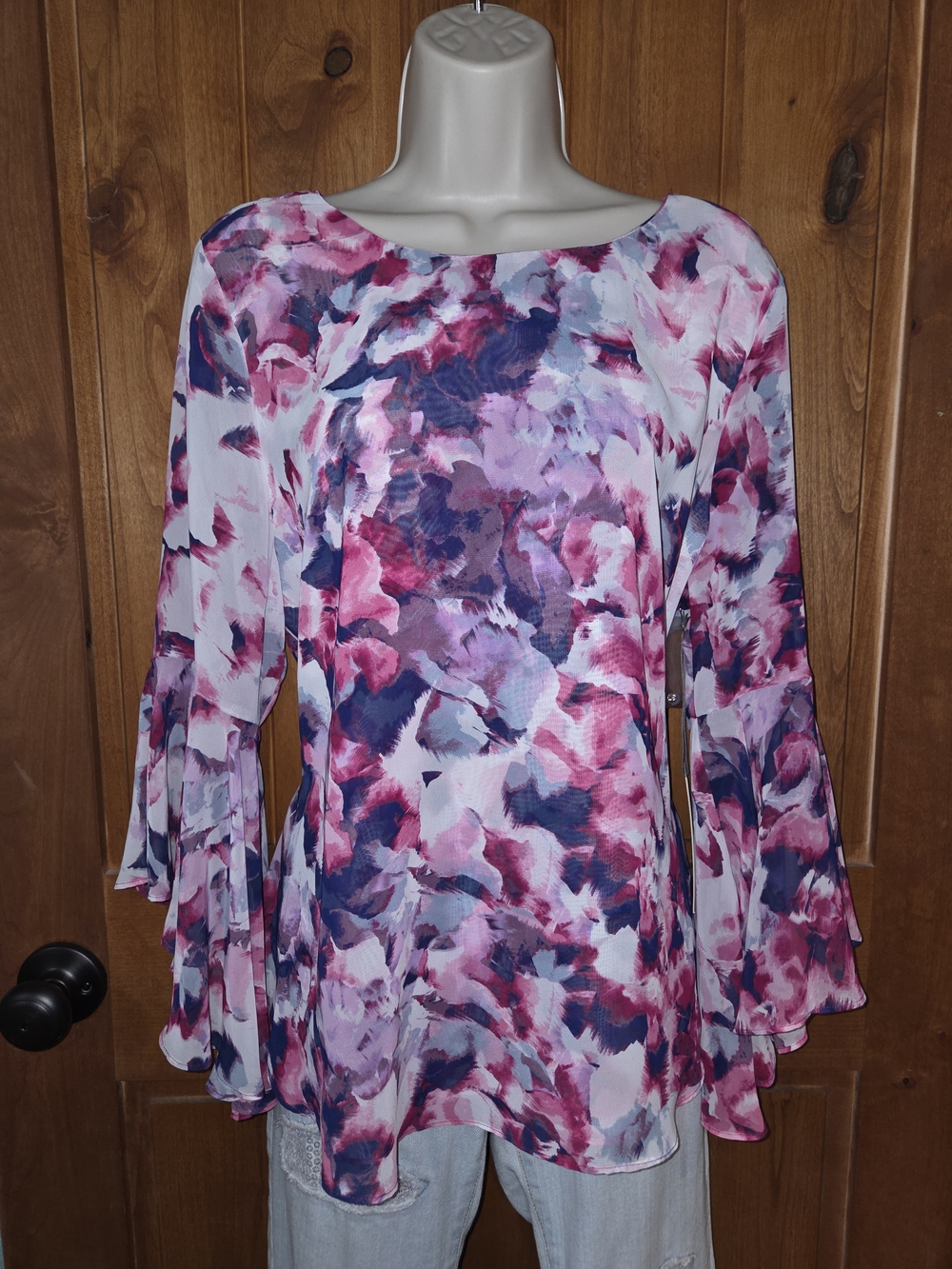 Jennifer Lopez Pink and Purple Watercolor Bell-Sleeve Blouse